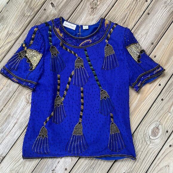 Laurence Kazar Vintage Royal Blue Beaded 100% Silk Evening Blouse Size M - Picture 1 of 10